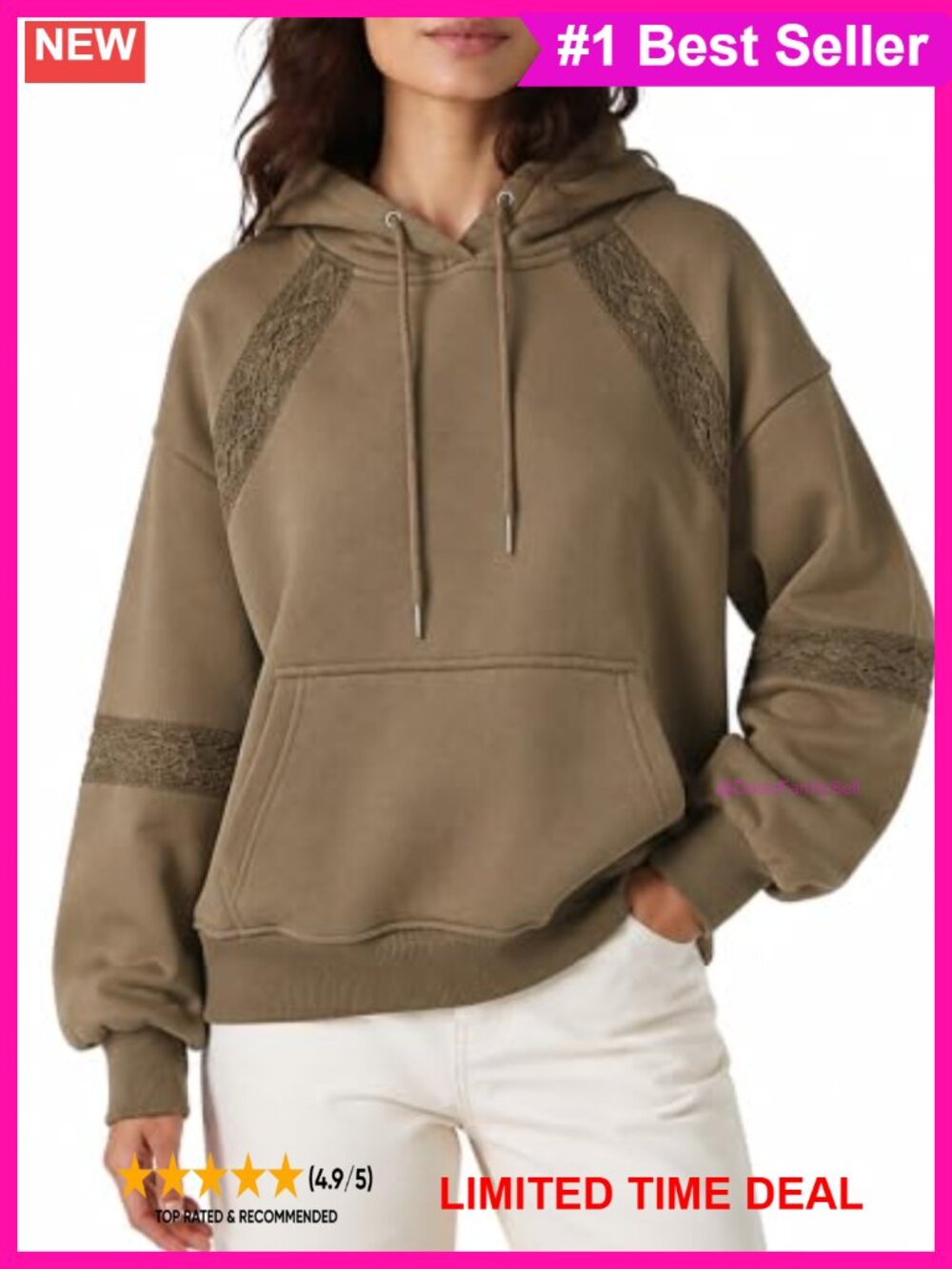 Oversized Fleece Lined Pullover Hoodie Lace Trim Long Sleeve